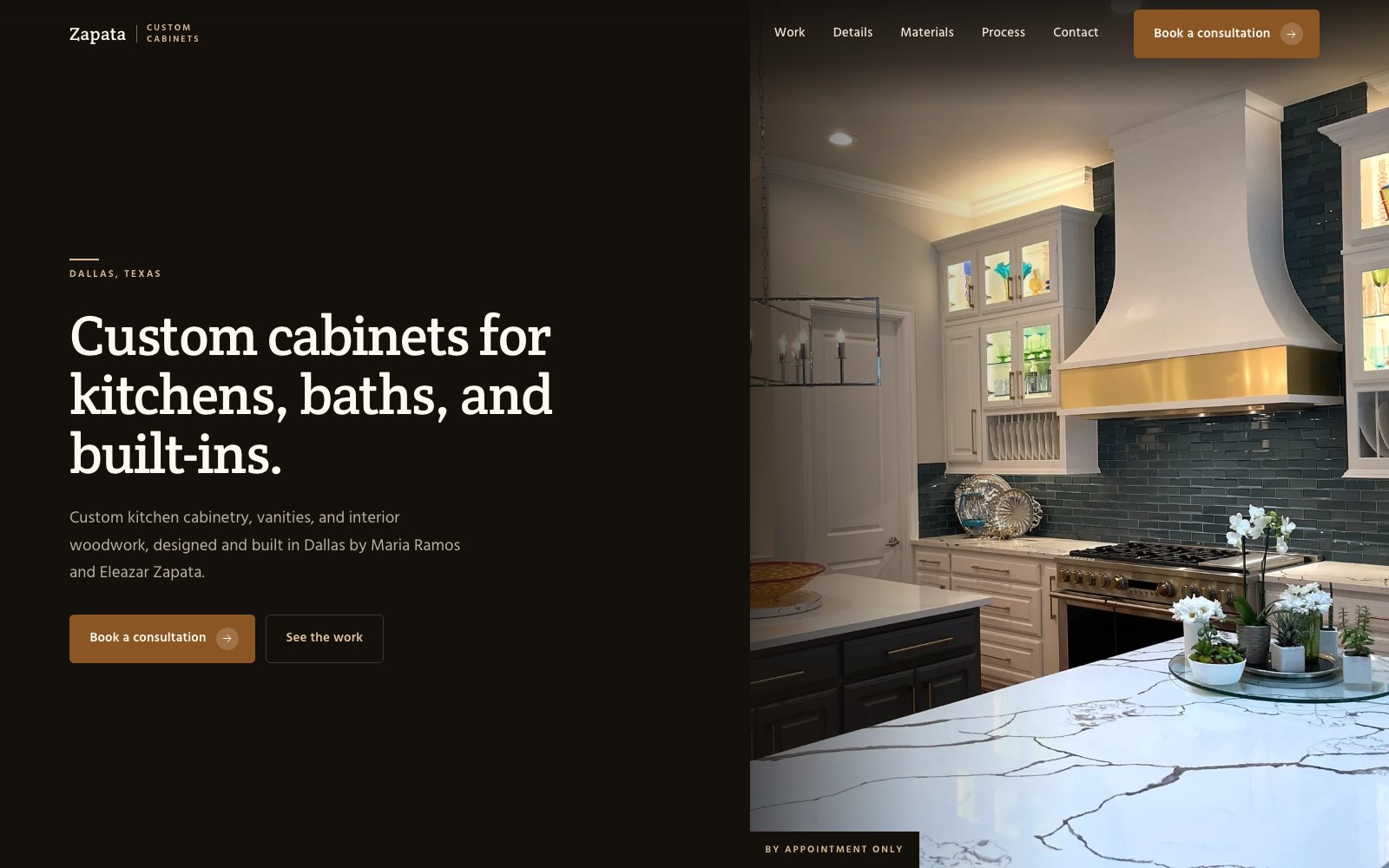 The new Zapata Custom Cabinets homepage concept